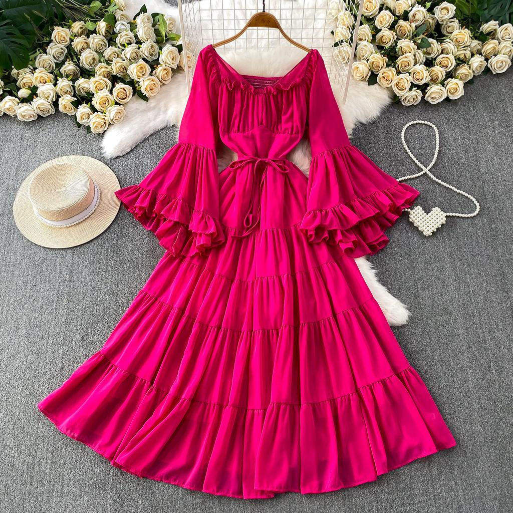 French Vacation Sexy One-word Shoulder Horn Sleeve Dress Women's Summer Senior Feeling Waist Thin Ruffle Edge Dress