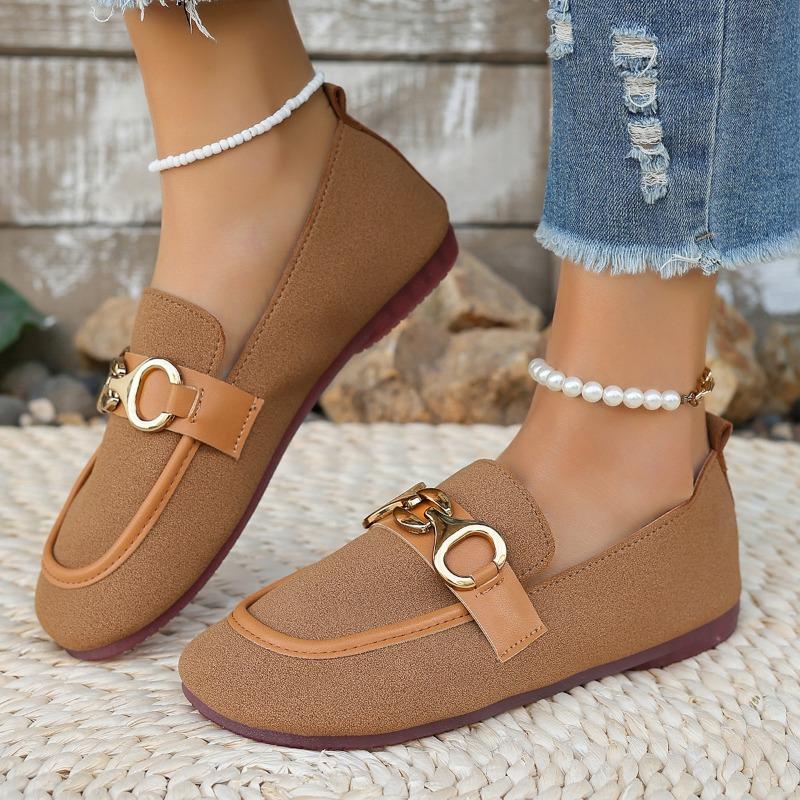 Women's Shoes Spring and Autumn New Korean Round Toe Shallow Metal Buckle Low Heel Flat Comfortable Casual Single Shoes