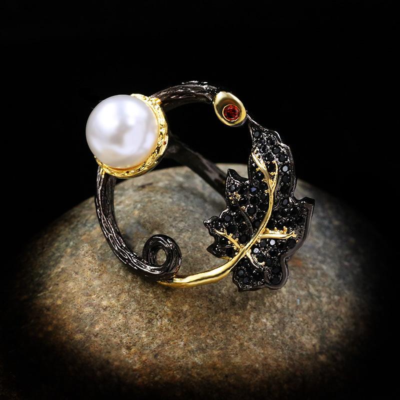 Tamsui Zhen Plant Pearl Pastoral Style Pendant Long Draped Black Gold Two-Color Ring Women