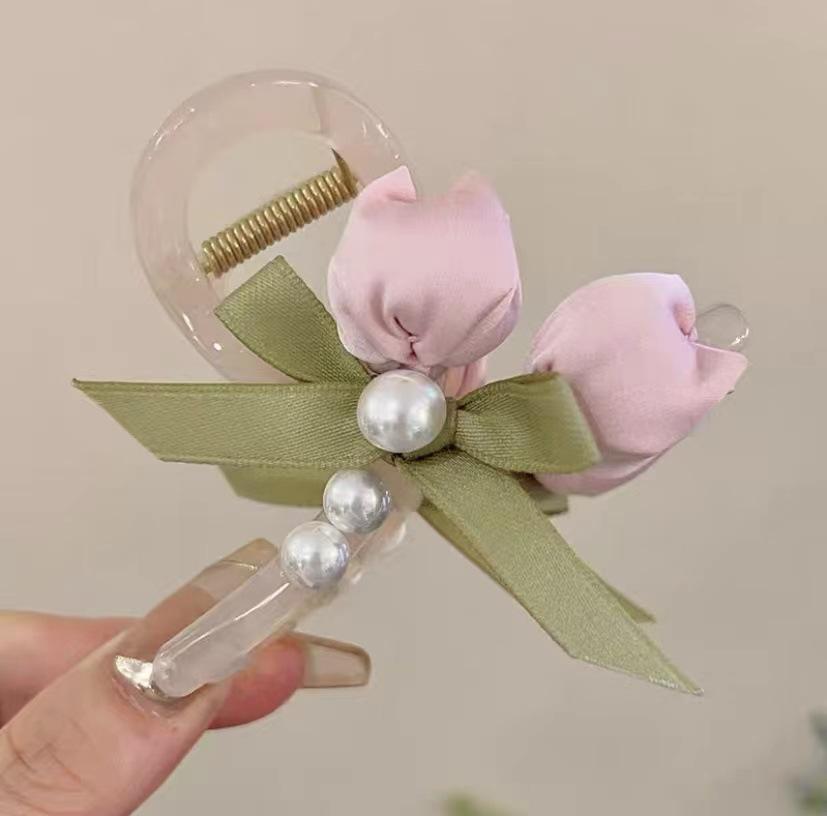 Sweety Flower Pearl Hairpin Elegant Pink Tulip Hair Claw For Women Girls Spring Summer Exquisite Hair Clips Hair Accessories 1pc