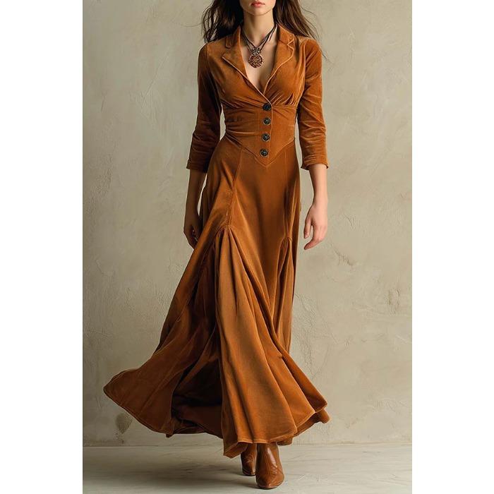 Europäische und amerikanische Damenbekleidung unabhängige Station einfarbig Knopf Revers Dreiviertelärm langes Kleid Kleid Taille Schwingrock