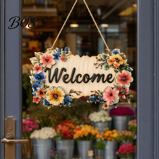 High-quality Wood Sign Floral Wooden Welcome Sign, Front Door Ornaments, Flower Hanging Colorful for Summer Farmhouse Home Coffee Shop Window