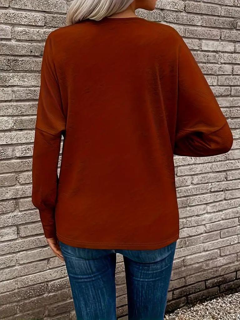 Women's Elegant V-neck Long-sleeve Solid Color T-shirt for Autumn/Winter