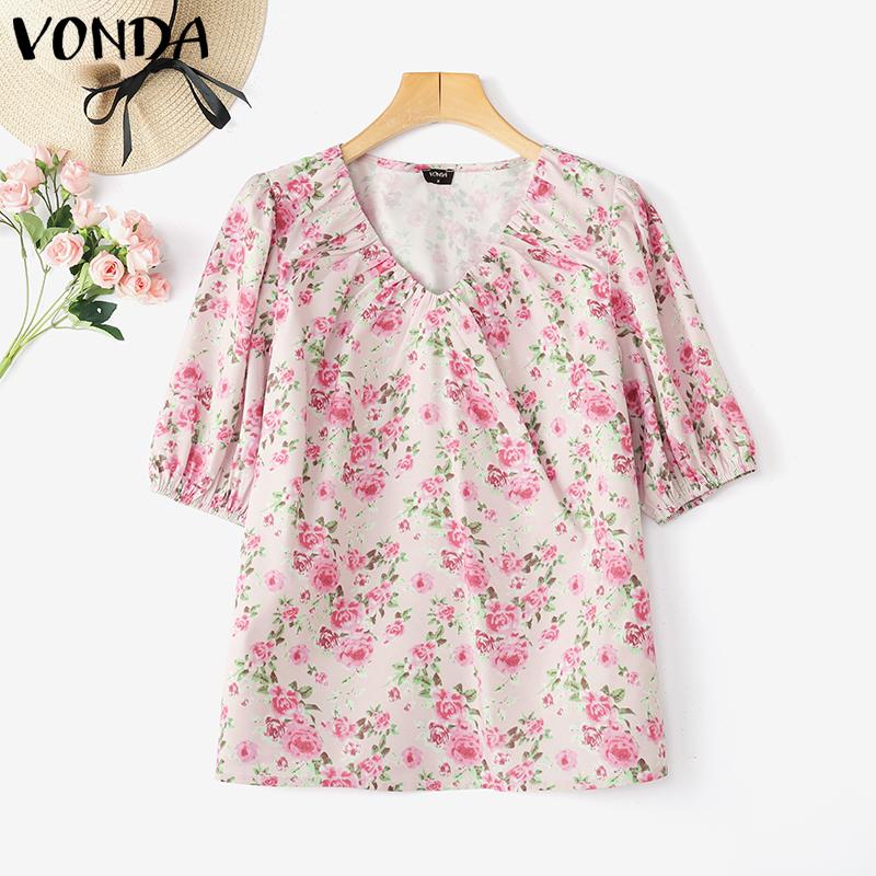 

VONDA Womens Summer V Neck Short Sleeve Floral Print Casual Tee Blouse S розовый