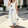 Sleeveless Beach Dress,Loose Fit Comfy Cotton Summer Dress with Fresh Blue & White Floral,Elegant Simple Style for Everyday Casual Vacation Wear
