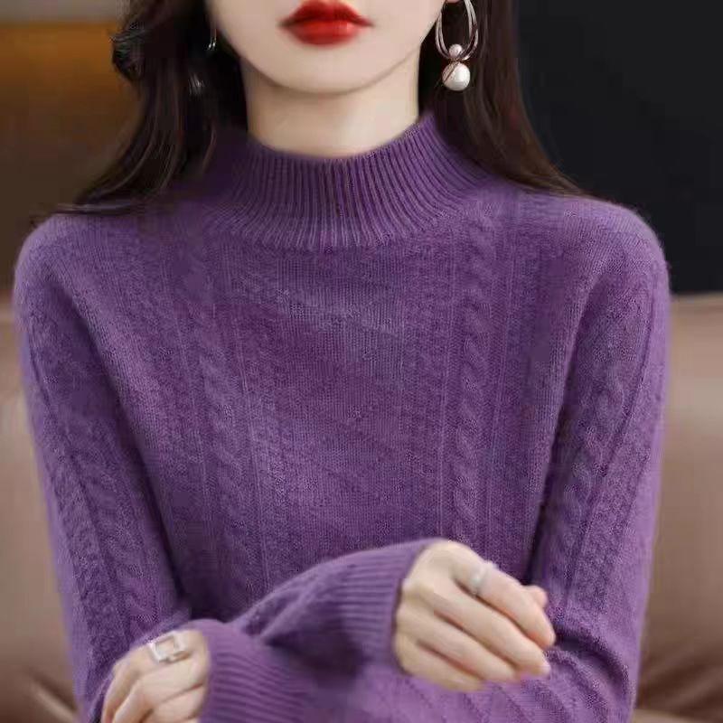 Half Turtleneck Sweater Thickened Knitted Sweater for Women In Autumn and Winter Solid-colored Top and Loose Warm Pullover