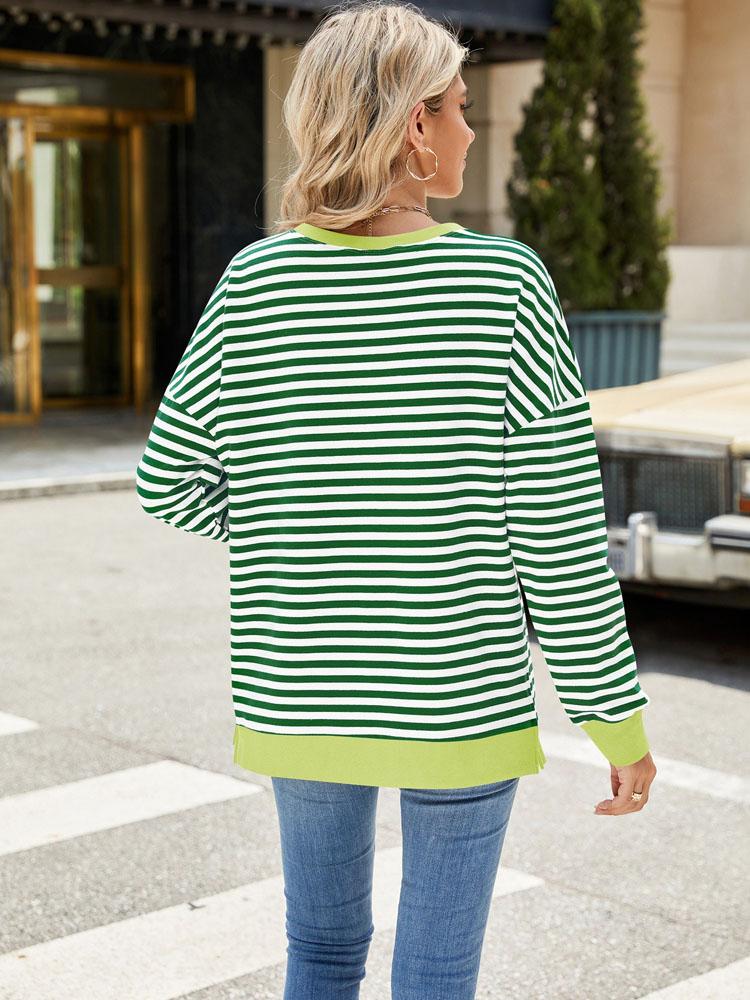 Elegant and Fashionable Autumn and Winter Comfortable Round Neck Striped Splicing Open Loose Long-sleeved Sweater Jacket Pullover Shirt Hoodies