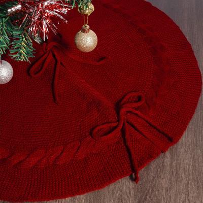 Red and White Knitted Christmas Tree Skirt with Ornaments and Figurines