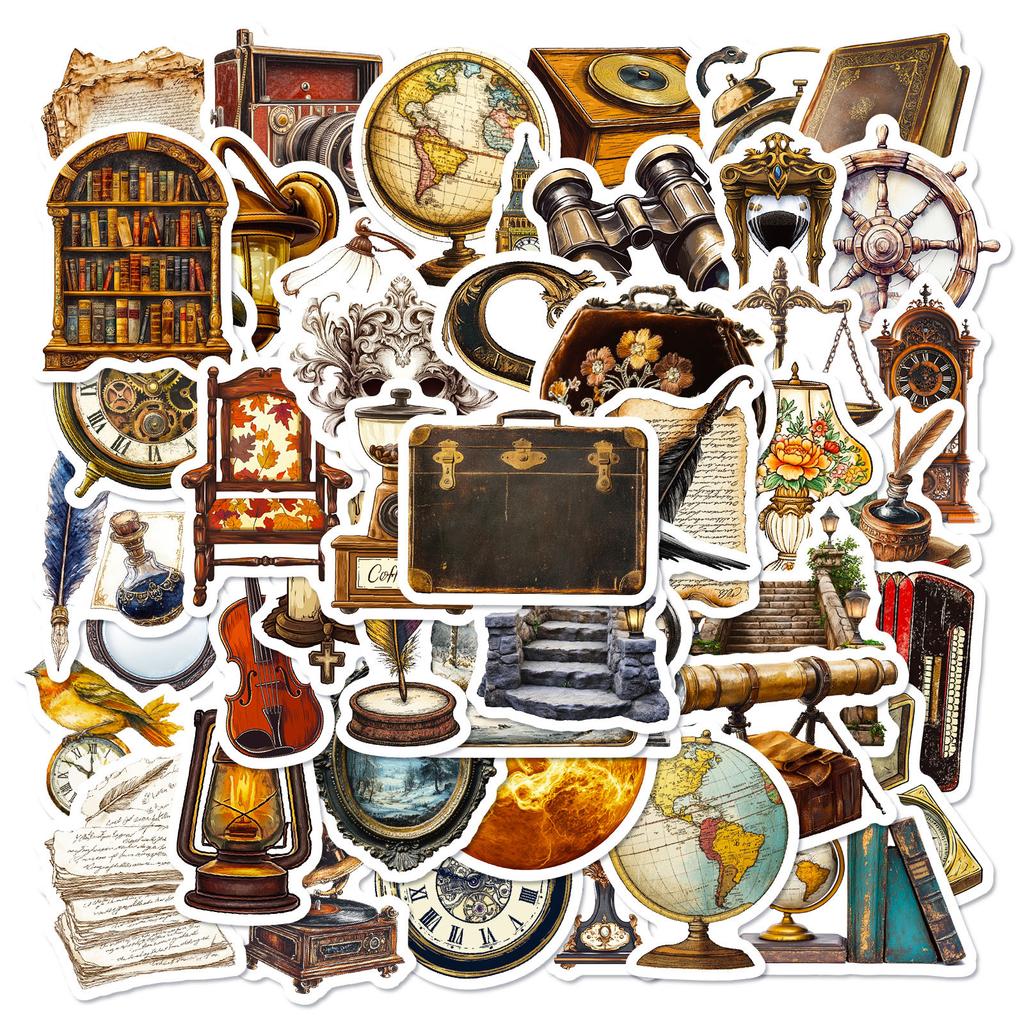 New 50 European Retro Old Objects Graffiti Stickers Poster Style Hand Account Decoration Material Stickers