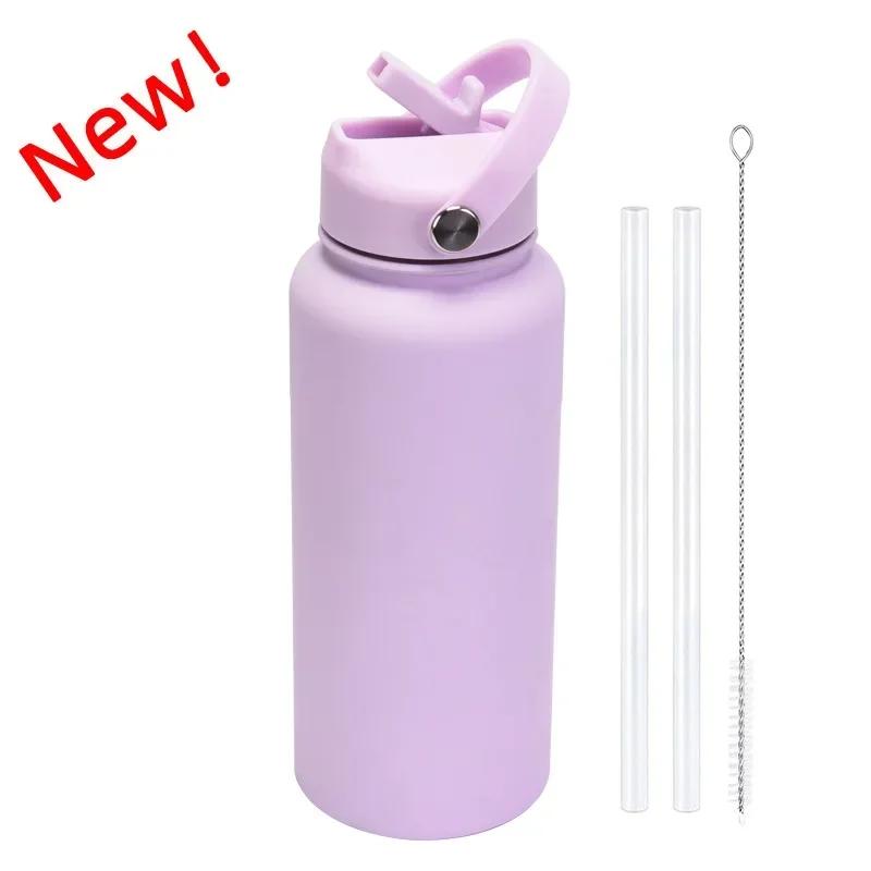 1L Sports WATER BOTTLE With Handle And Straw Stainless Steel Large Capacity Vacuum Flasks Drinkware Large Mouth GymThermos CUP