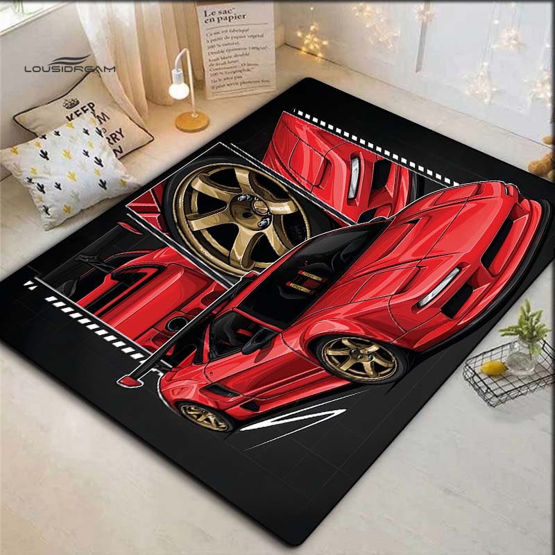 Red JDM Sport Car Comic Strip Frame Print Area Rug Non‑Slip Rectangular Floor Mat Car Fan Decor for Gaming Room Living Bedroom