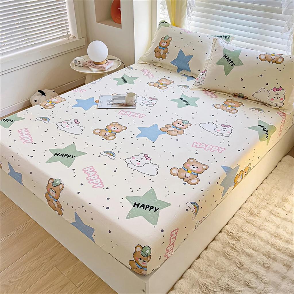 Little Bear Cute Microfiber Cartoon Bedding Set Single Fitted Sheet Set 2 Pcs,Includes 1 Fitted Sheet and 1 Pillowcases 75*50cm