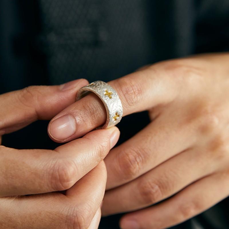 Adjustable Plated Cross Ring Men Women With Hammered Texture Minimalist Statement Finger