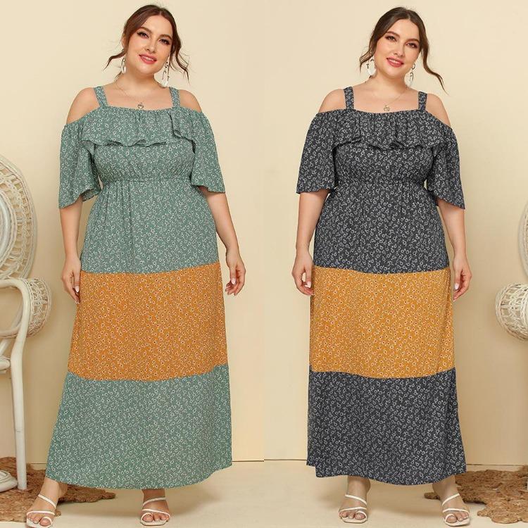 Plus Size Floral Long Dress Women Loose Sling Ruffled Contrast Color Spring Summer XL 4XL Fashion Trendy