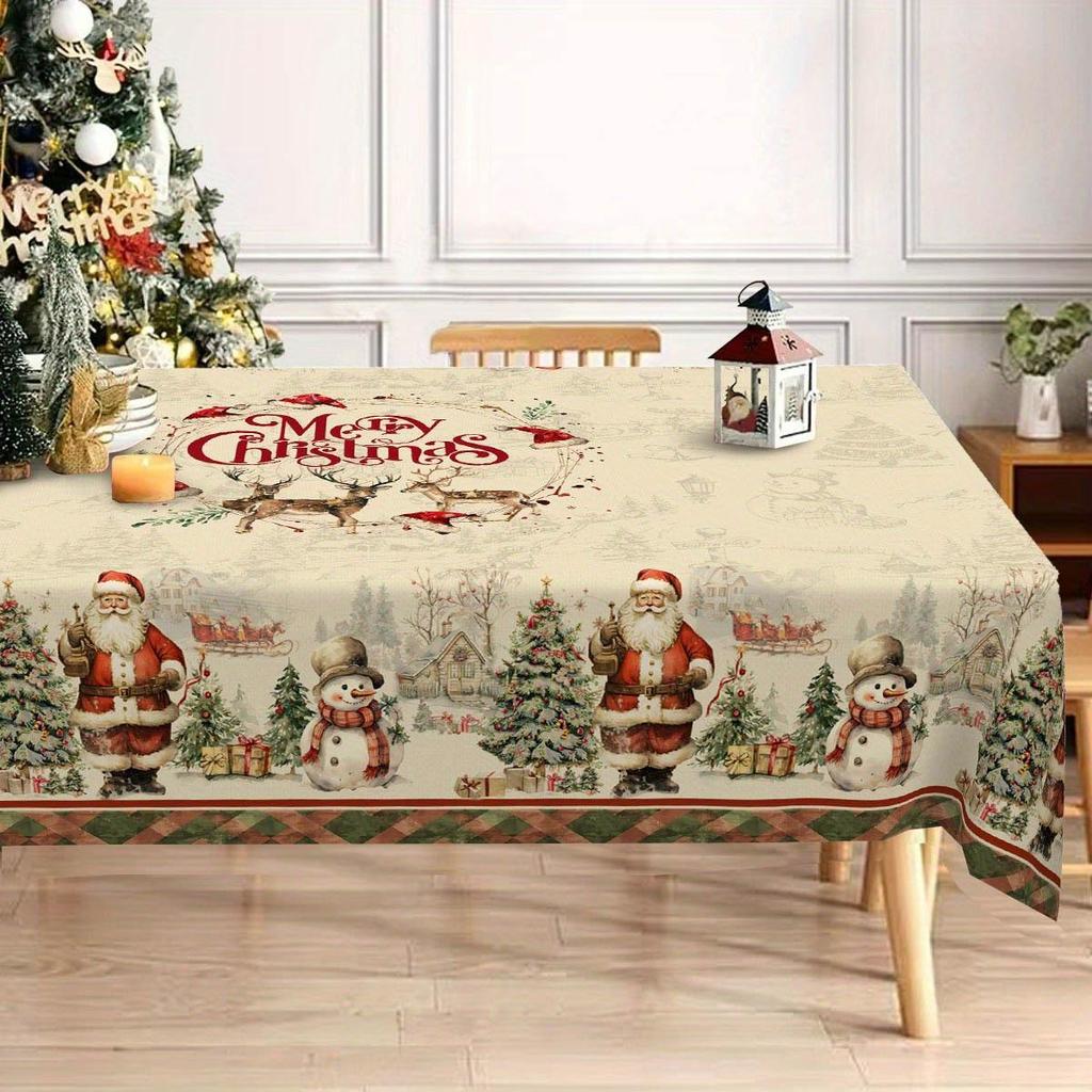 Christmas Tablecloth Digital Print - Winter Snowman Reindeer Xmas Tree Dining Table Festival Decor Table Cover