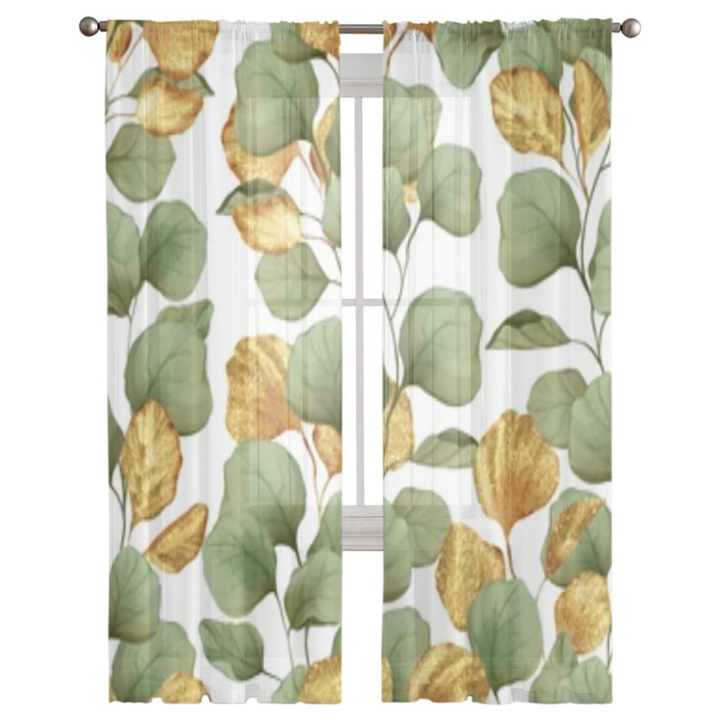 Green And Gold Leaves Sheer Curtains For Living Room Window Transparent Voile Tulle Curtain Bedroom Drapes Home Decor