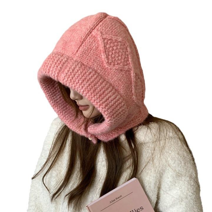 Wool Knitted Large Version Balaclava Hat Women's Warm Coarse Linen Pattern Horn Buckle Ear Protector Pullover Hat