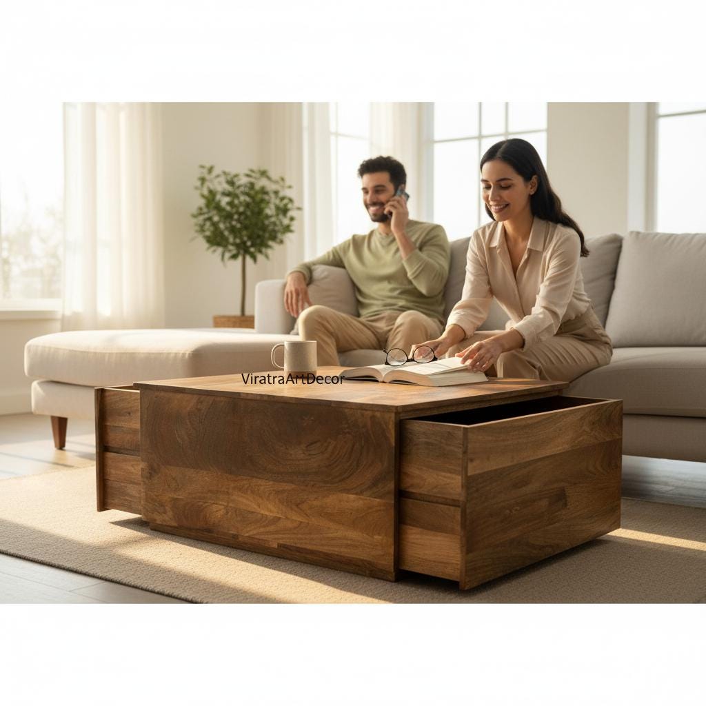 Wooden Central Side Desk Drawer Coffee Table | Indian Bedside Nightstand Bedroom Furniture | Solid Wood with Hidden Storage | Center table