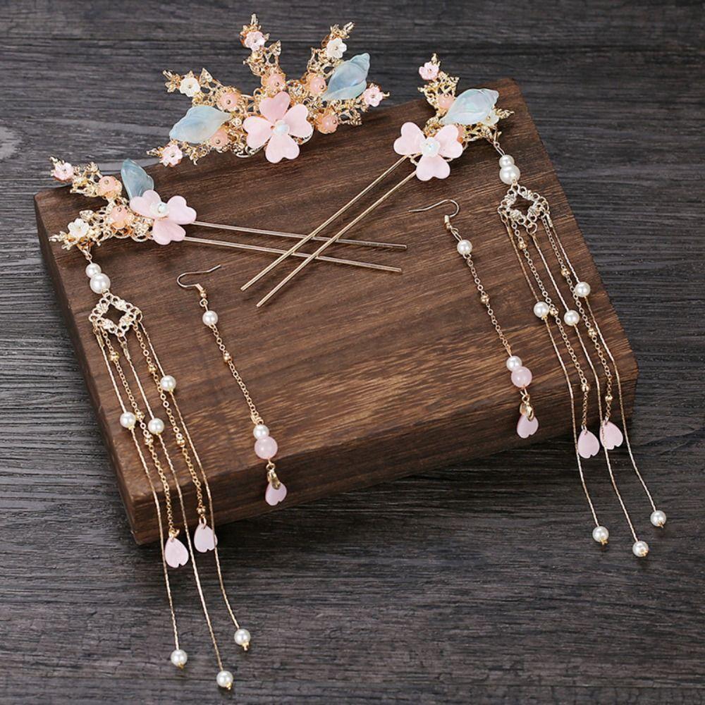 Light Colors Bridal Headwear Plastic Earrings Hairpin Set Wedding Dress Hair Accessories  Hanfu