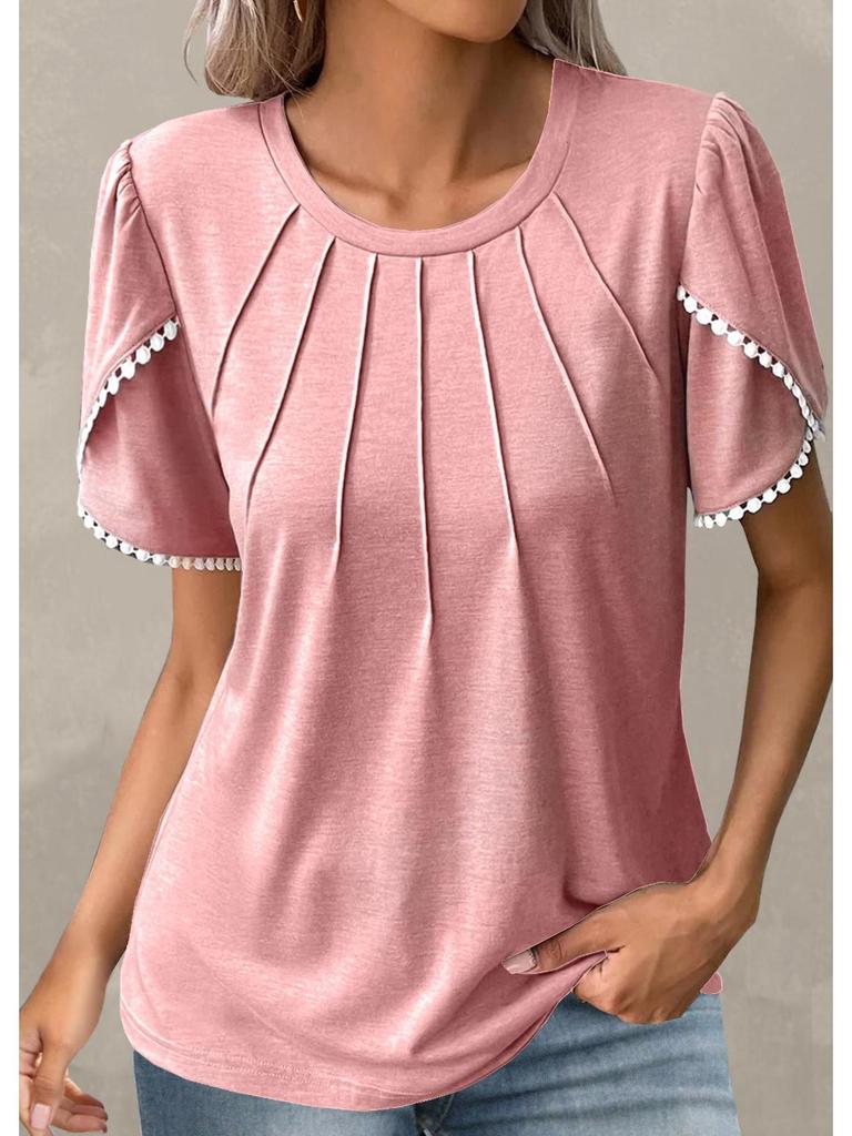 2026 Women's Summer Solid Color Pleated T-Shirt with Lace Short Sleeves