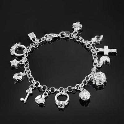 925 Sterling Silver Plated Bracelet with Thirteen Charms - European and American Style