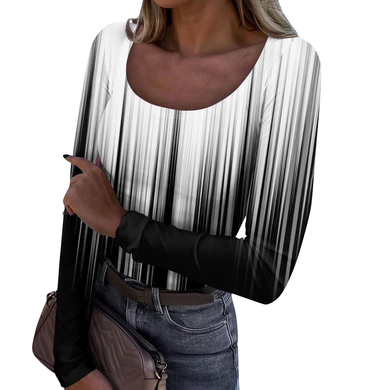 

Женская осенне-зимняя приталенная базовая футболка, модная повседневная футболка с градиентом и обычным принтом, пуловер с U-образным вырезом, топ с длинными рукавами M белый