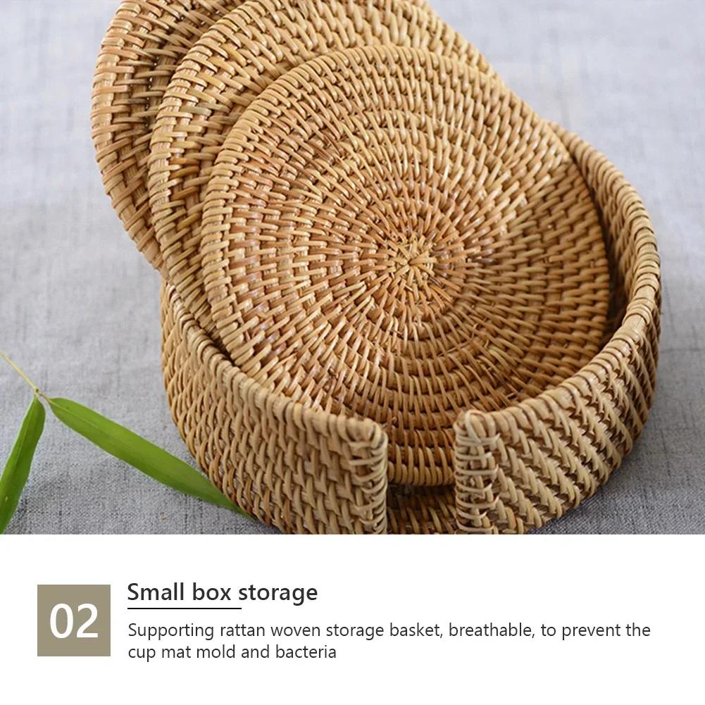 6 Stück Gewebte Rattan-Untersetzer-Set Mit Halter Tischmatte Platzdeckchen Kaffee Tee Tasse Untersetzer Topf Schüssel Matte Glasboden Küchenzubehör