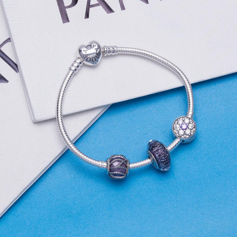 Pandora Purple Sparkling Glass Forget-Me-Not Snake Bone 925 Silver Bracelet Women's Silver PAND00042-OP