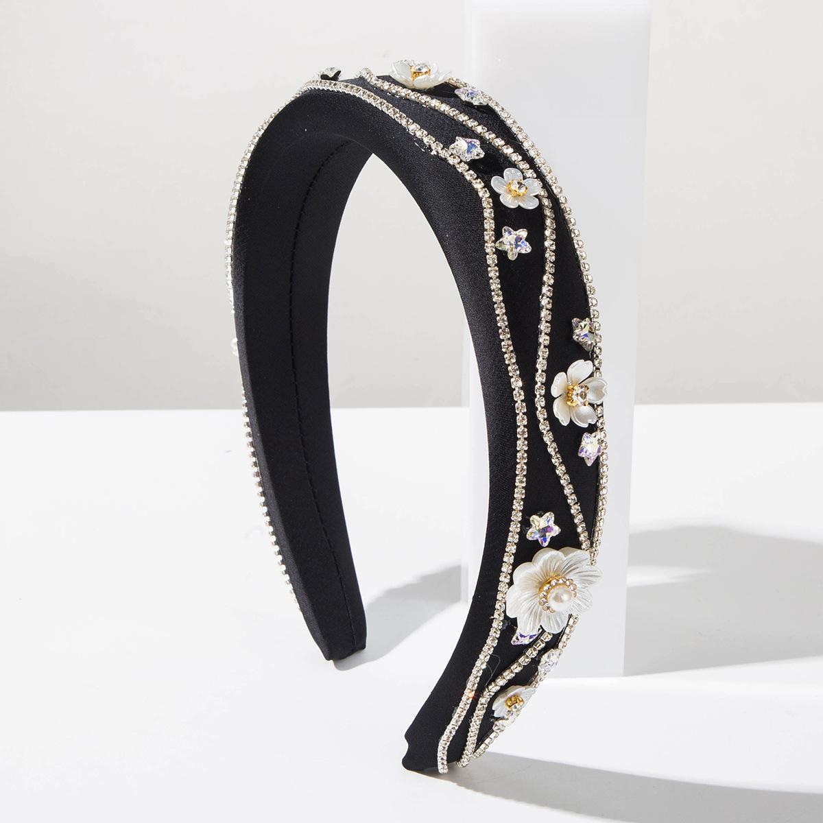 

2026 Headband Fashionable Simple Sweet Diamond Flower Wide Edge Headband Women s Senior Feeling Beautiful Versatile Hair Accessories Headgear чёрный