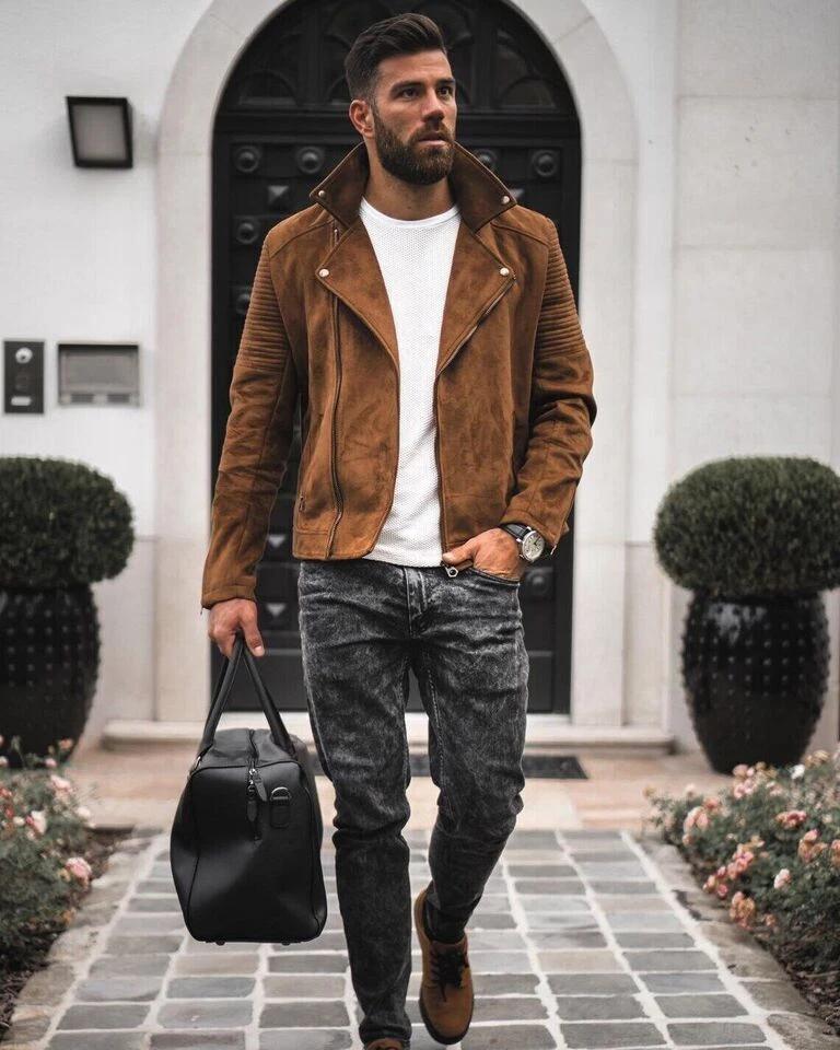 Brown Suede Jacket Motorcycle Genuine Lambskin Leather Handmade Men's Biker Zip