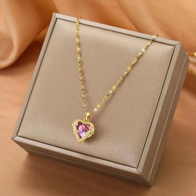 Luxury Zircon Crystal Heart Of Ocean Pendant Stainless Steel Necklace For Women Korean Fashion Female Wedding Jewelry Neck Chain