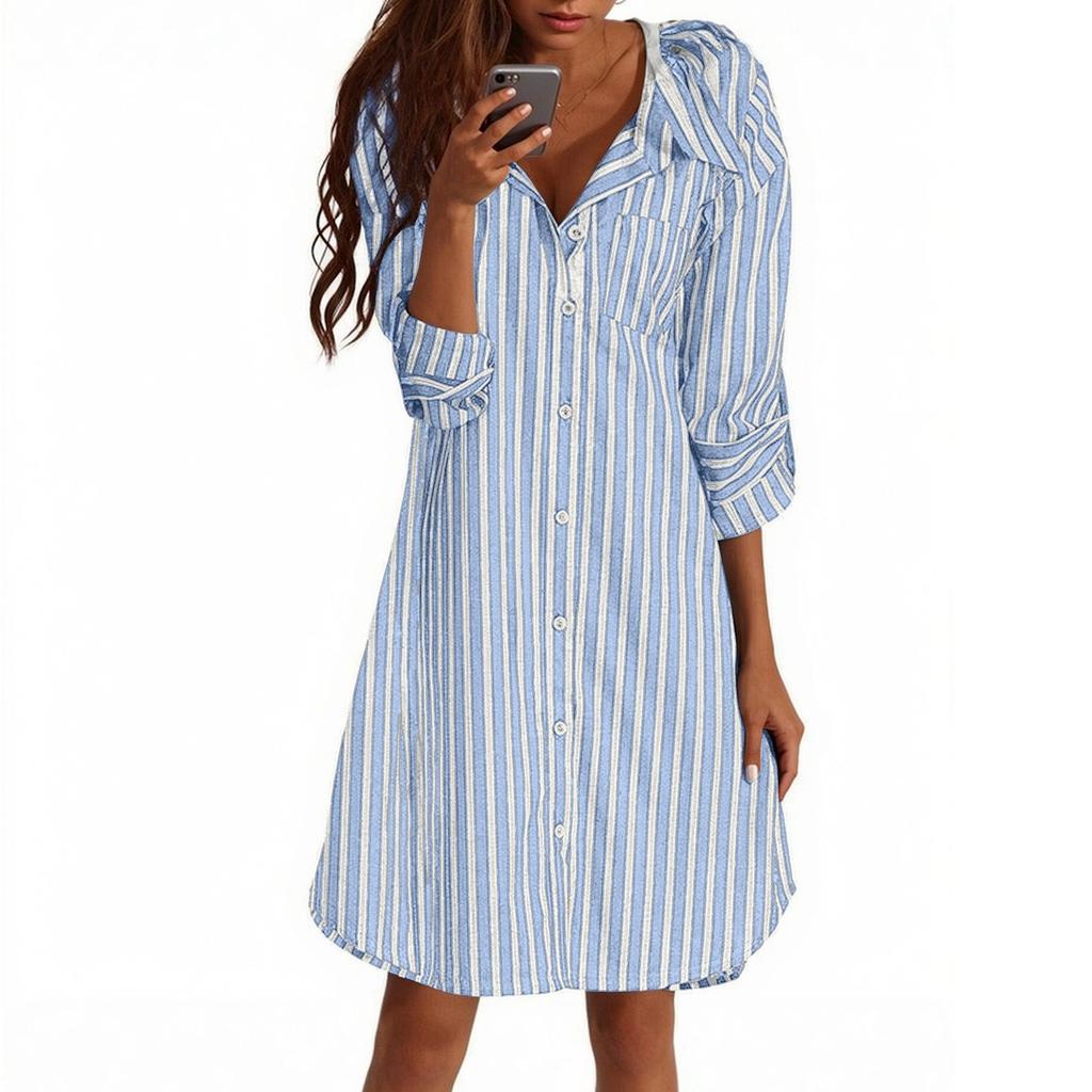 Ladies' Fashionable Striped Lapel Casual Long Sleeved Loose And Comfortable Button Up Dress
