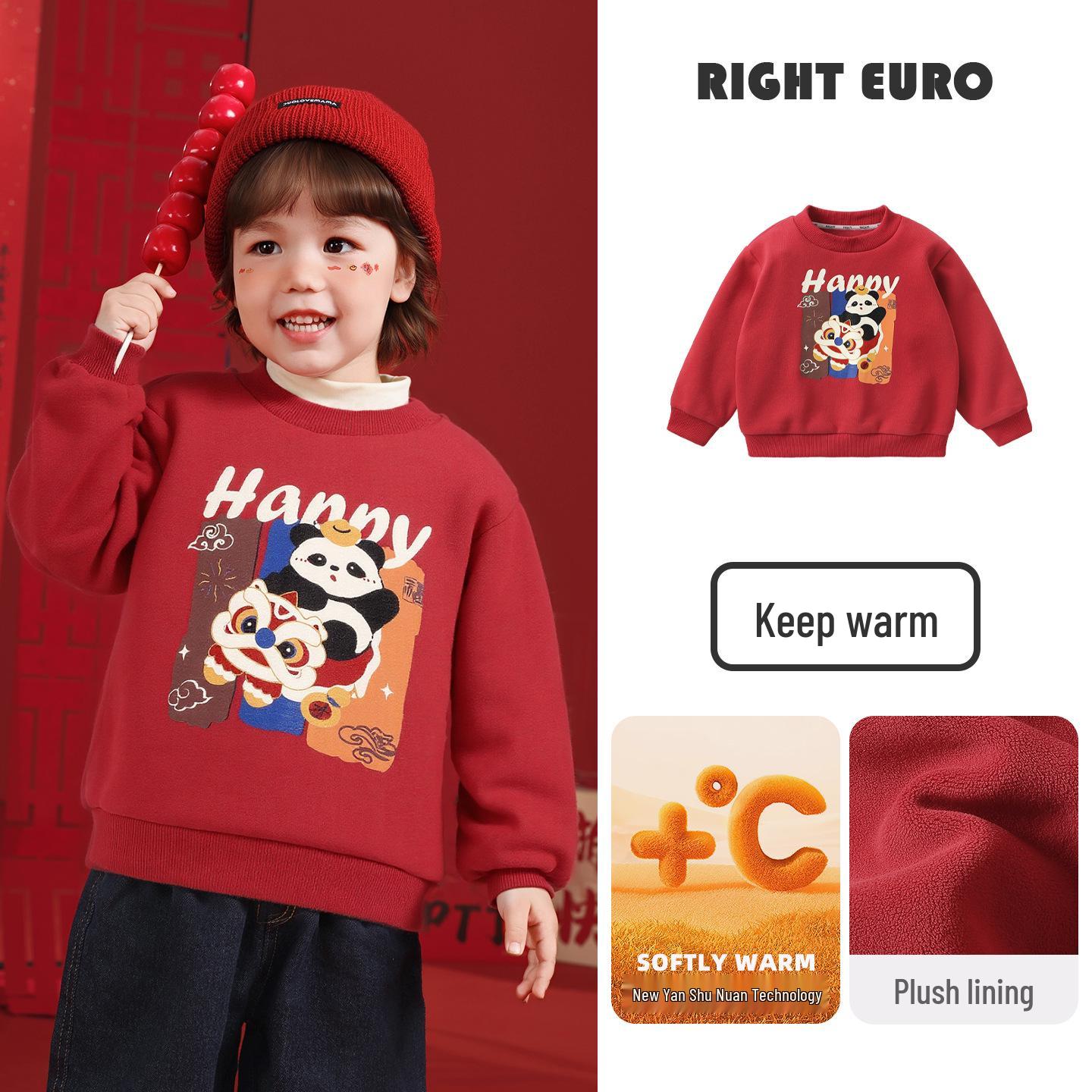 European Boys  Red Fleece-Lined Hoodie - Children s New Year Winter Clothing for Toddlers 90 cm