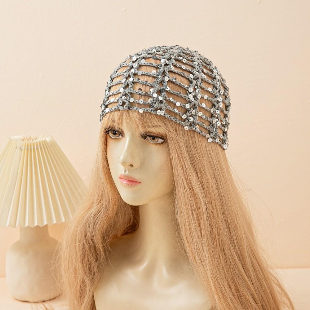 Casual Hollowed Out Sequined Pullover Hats Sequined Design Vintage Style Hollow Knit Beanie Beanie Hat Daily Use
