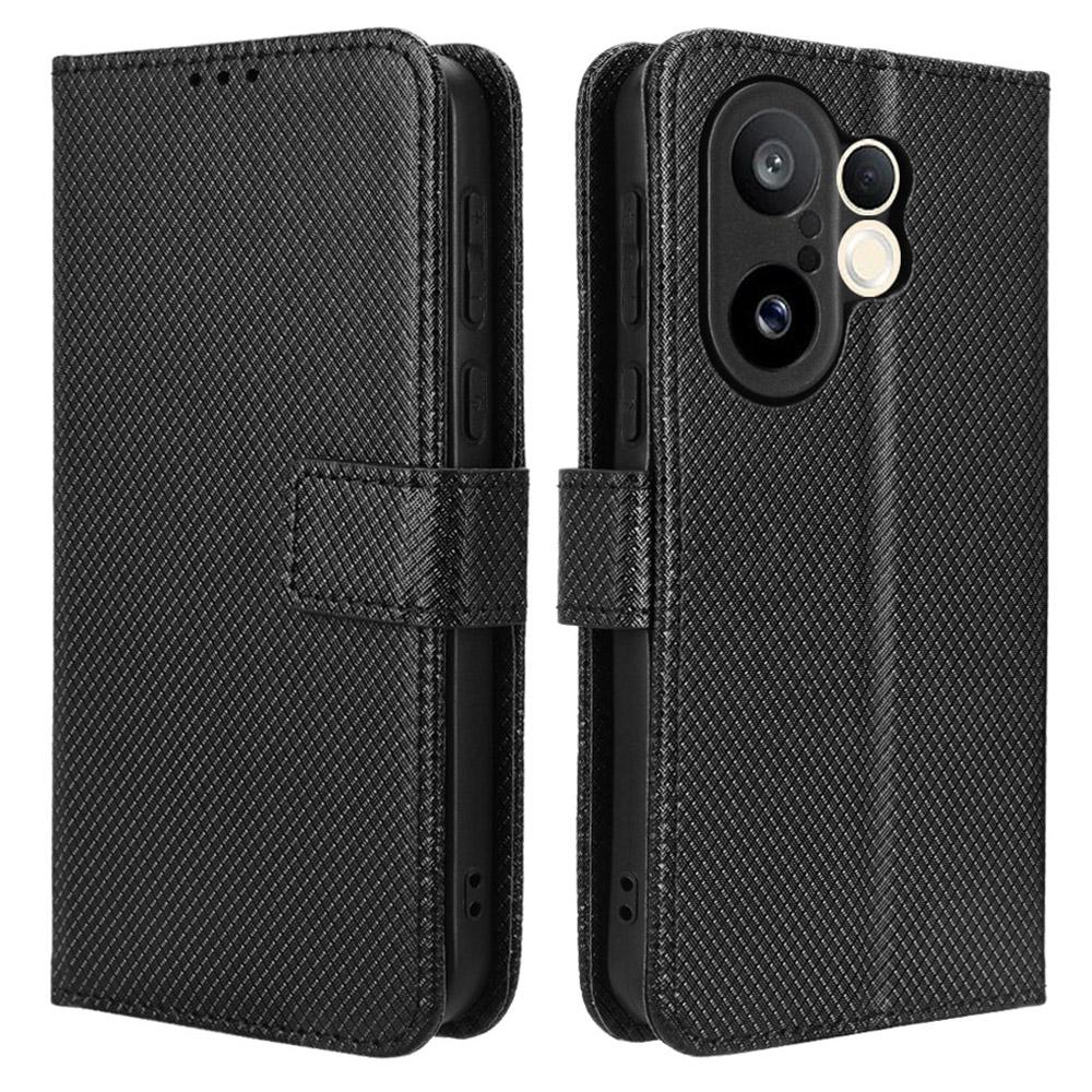 

For vivo X200 FE 5G/S30 Pro mini 5G Leather Wallet Case with Strap Diamond Texture Phone Cover Black