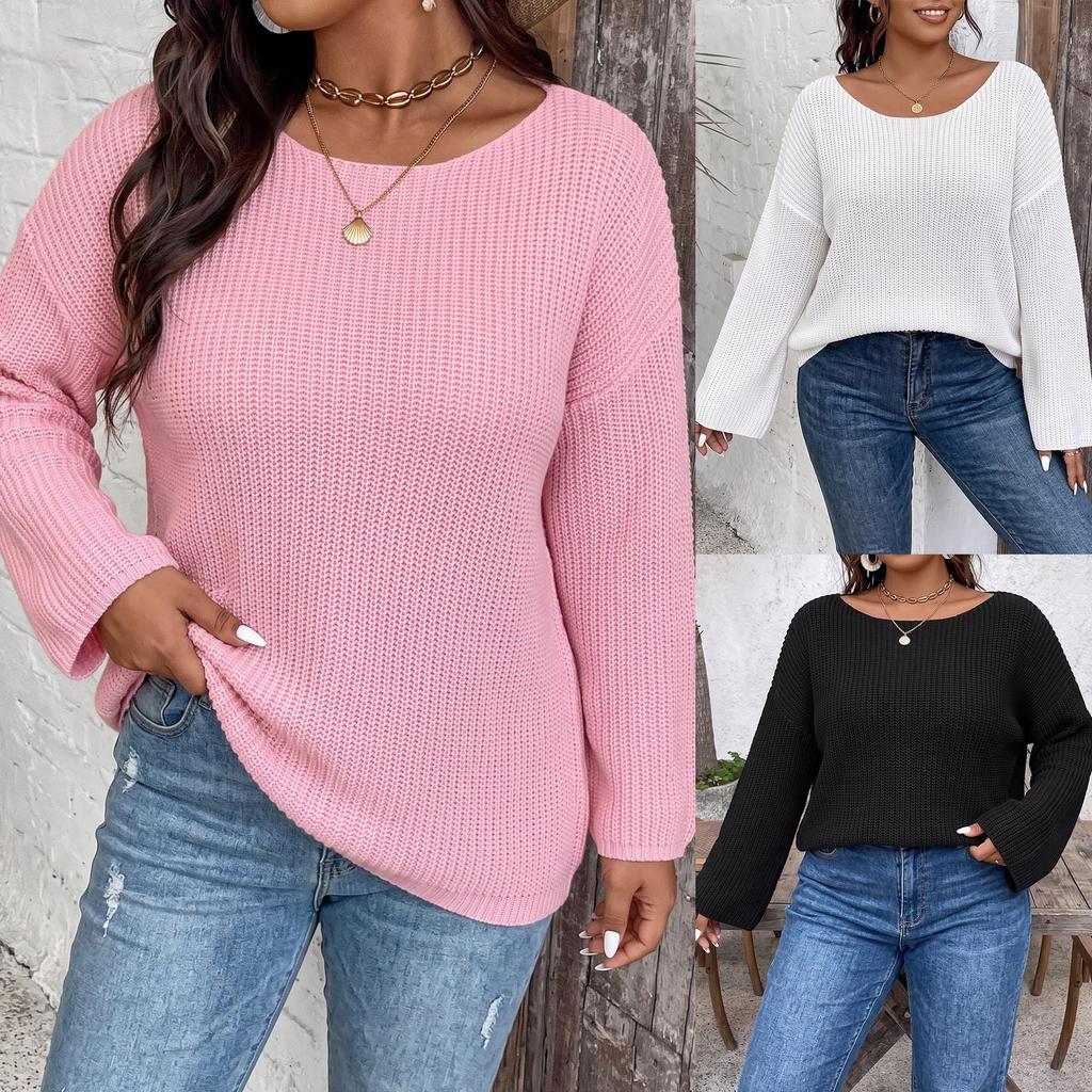 Women Plus Size Solid Color Knit Sweater Crew Neck Ribbed Drop Shoulder Long Sleeve Top