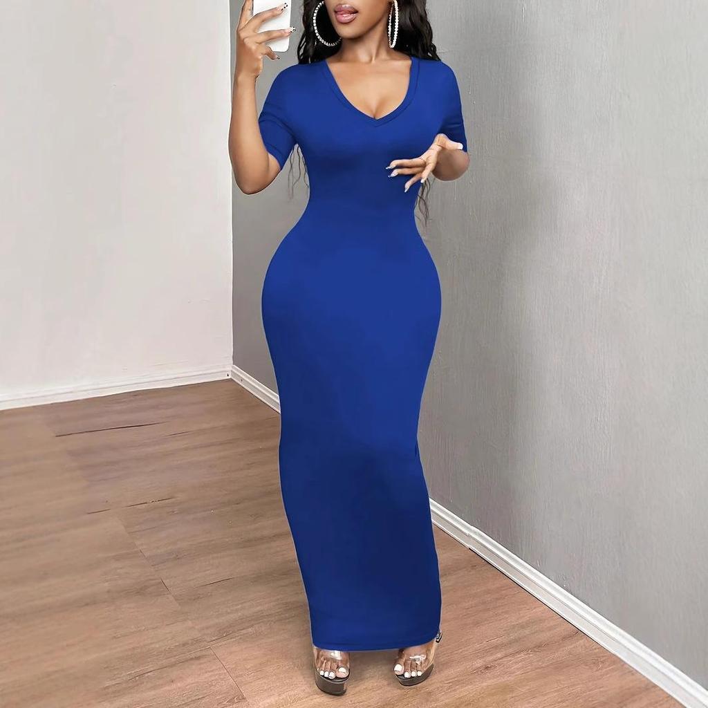Women's Summer Short-sleeved V-neck Sexy Long Tight Dress