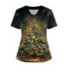 Women's Short Sleeved Christmas Printed V-neck Buttonable Side Slit Top T-shirt
