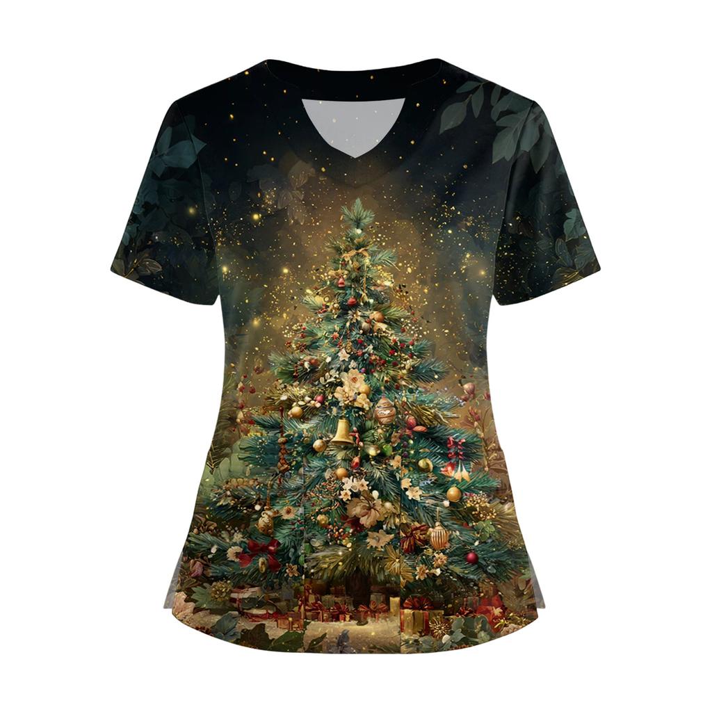 Women's Short Sleeved Christmas Printed V-neck Buttonable Side Slit Top T-shirt