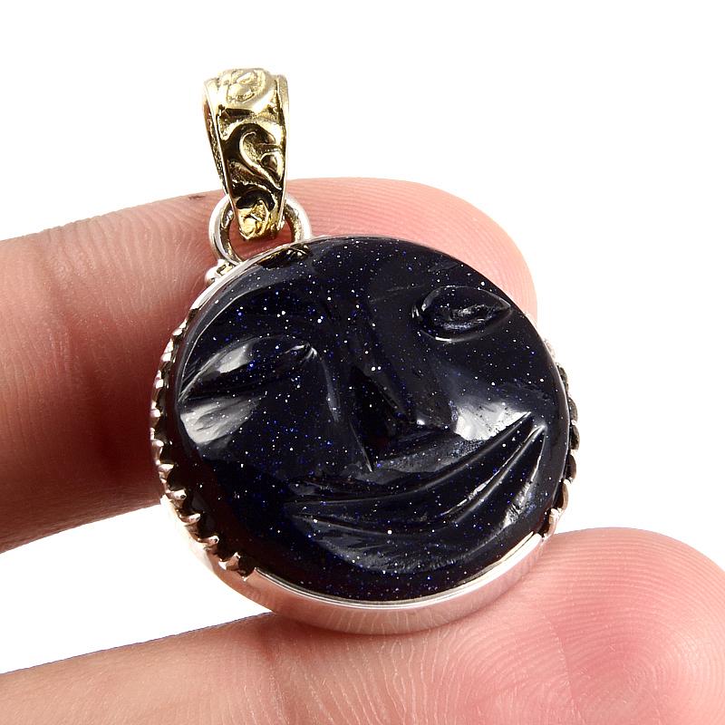 Natural Blue Sunstone Face 925 Sterling Silver Jewelry TwoTone Pendant 1.3" K3Y59