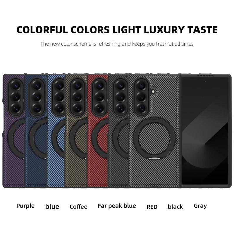 Business Carbon Fiber Texture Magnetic Case for Samsung Galaxy Z Fold 7 6 5 4 3 for Magsafe 360° Rotating Stand Protection Cover