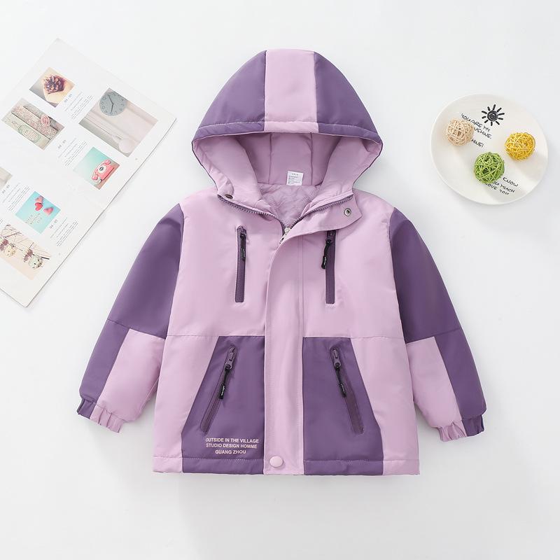 Girls' Fleece-Lined Color Block Windbreaker Jacket, Spring/Autumn, Thick, Windproof, for Medium & Large Children