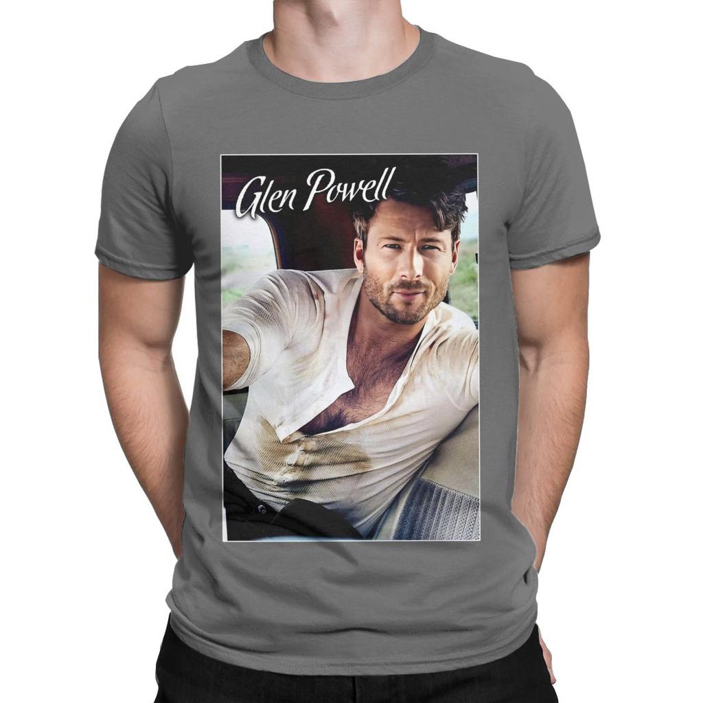 Men Glen Powell 90s Retro T Shirts Cotton Clothes Vintage Short Sleeve Crewneck Tee Shirt Classic T-Shirts