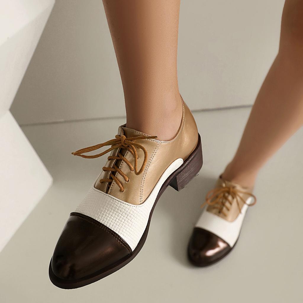 Woman Oxford Dress Shoes Comfy Multicolor Brogues Pumps Wing Tips Lace Up Patchwork Two Tone Color for All Events