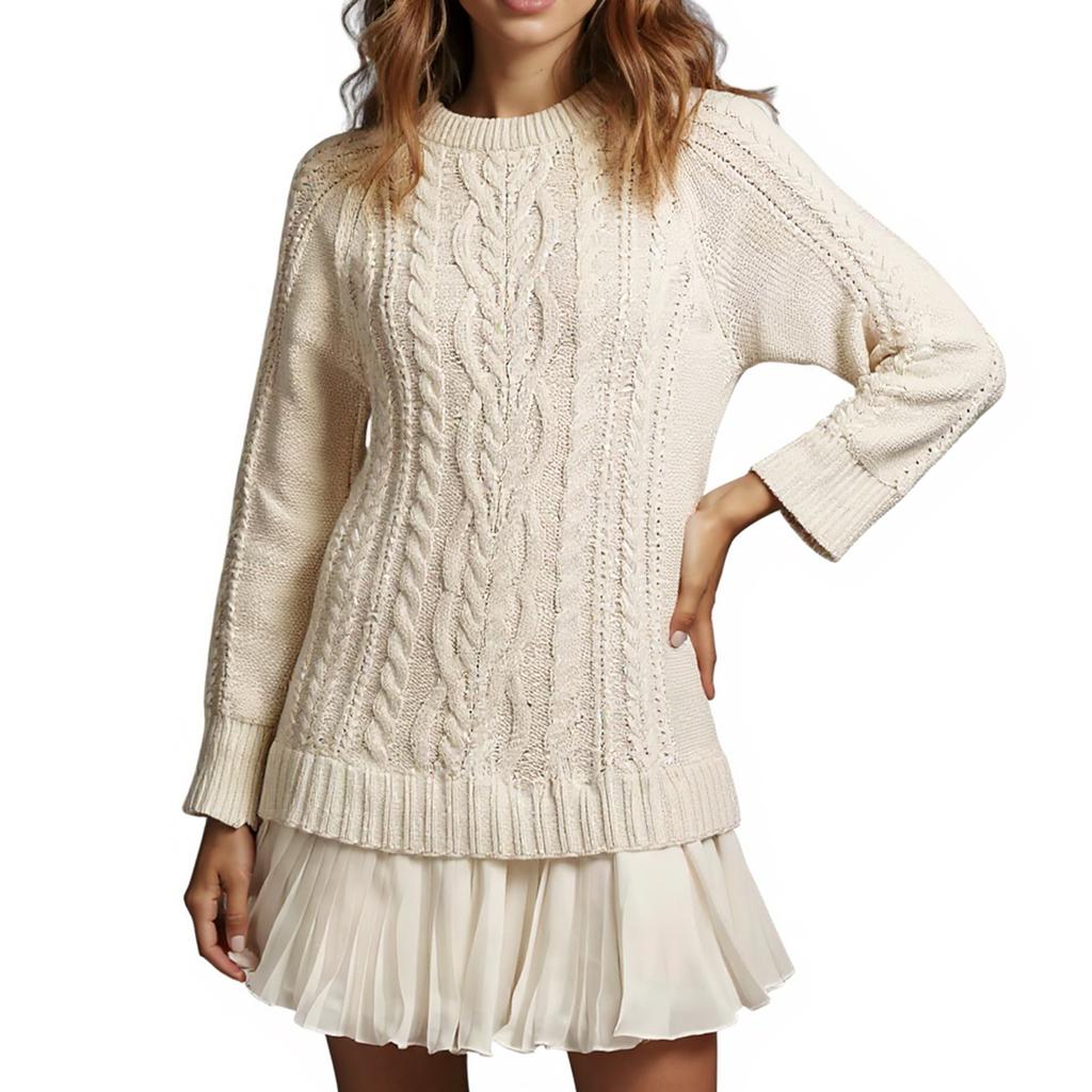 Women Cable Knit Sweater Dress Crewneck Long Sleeve Pleated Dress Twofer Patchwork Dress
