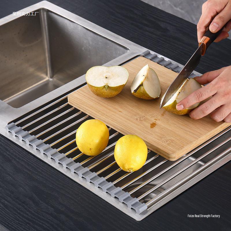 Folding Kitchen Sink Drain Rack with Silicone Mat and Wash Basin Basket
