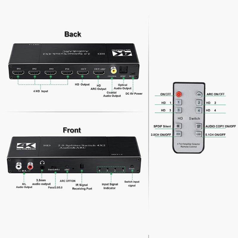 Video Processing HDTV2.0 Box with 4 Inputs 2 Outputs Switcher For 3840x2160P Visual And Various Format Sound Extraction