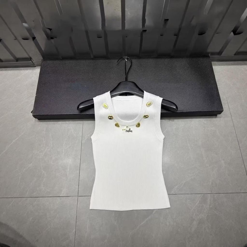 European Style Round Neck Knit Vest with Metal Accents - Slimming & Versatile, New Spring Arrival