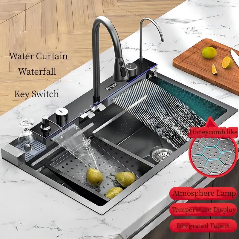 Küchenspüle aus Edelstahl 304, Doppel-Wasserfall, Einzelschlitz, integrierte Digitalanzeige, Wasserhahn-Set, Seifenspender, Tassenwascher