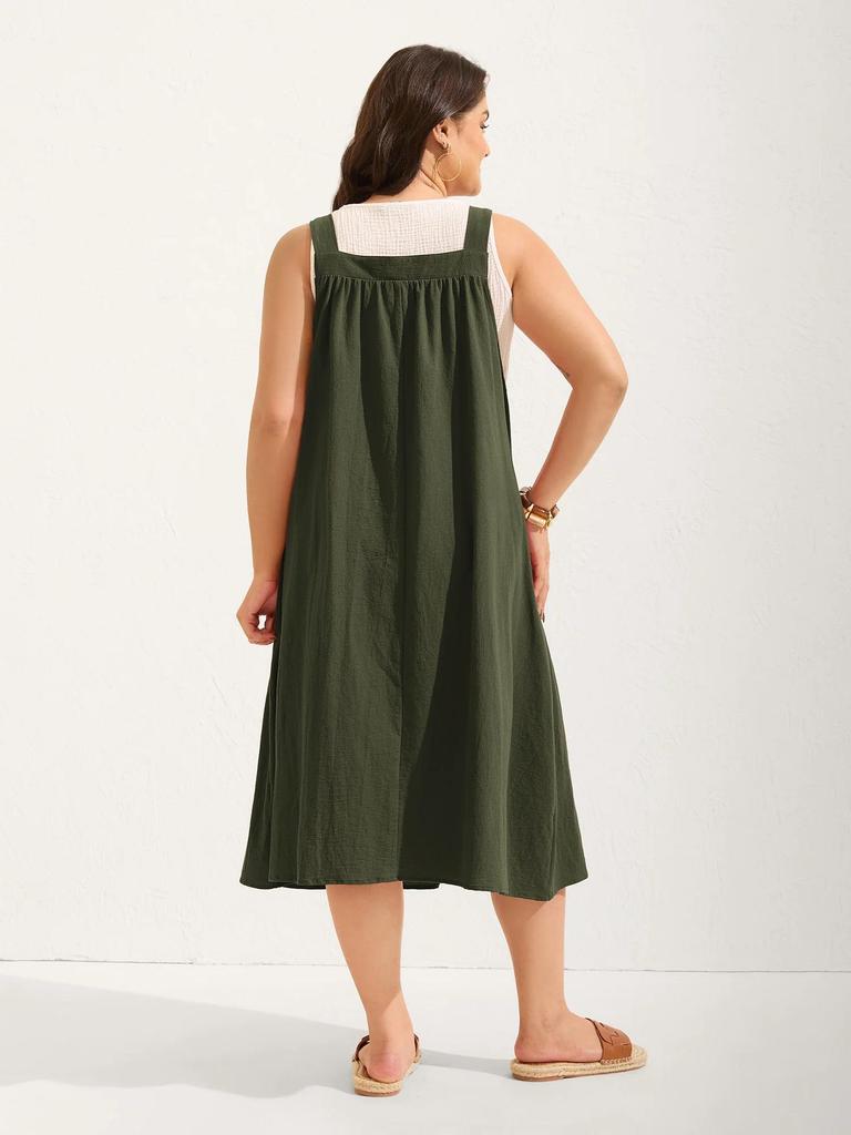 Plus Size Women's Cotton Pleated Suspender Dress with Pockets - Casual and Slimming Fit